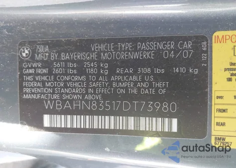 2007 BMW 750Li z USA, uszkodzony, nr VIN WBAHN83517DT73980